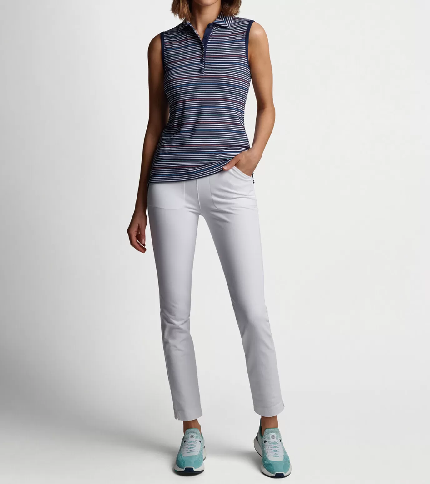 Crown | Find Your Fit-WOMEN | MEN Peter Millar Perfect Fit Performance Sleeveless Polo PINWHEEL STRIPE NAVY