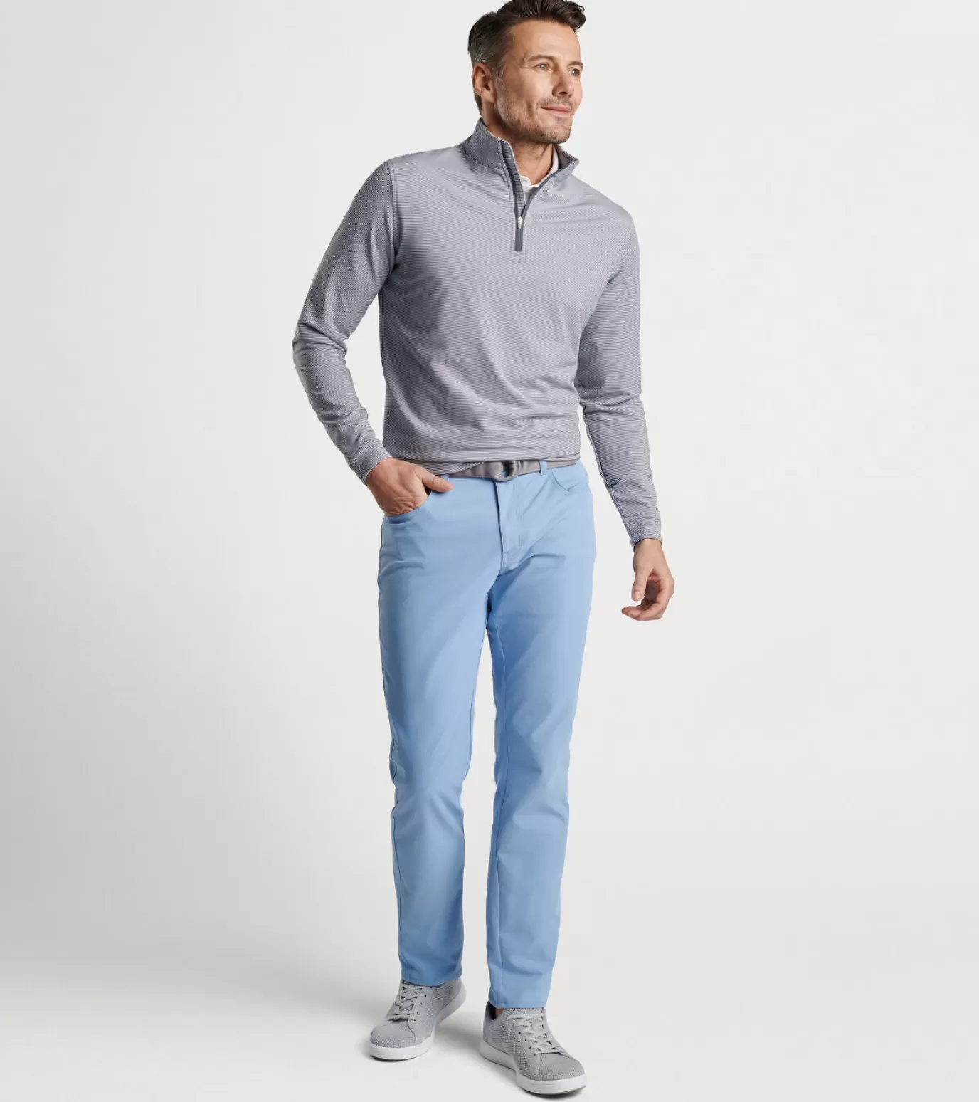 Performance Rain Gear | Polos | Travel Well | Sweaters-GOLF | GOLF | MEN | MEN Peter Millar Perth Sugar Stripe Performance Quarter-Zip Cottage Blue/White