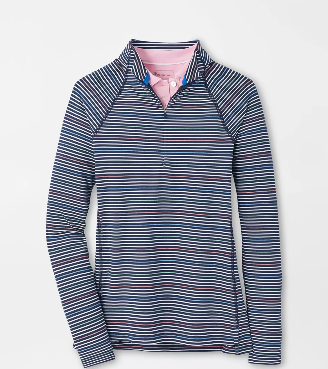 Polos & Shirts | Crown | Sweaters-GOLF | WOMEN | WOMEN Peter Millar Women's Raglan-Sleeve Perth Metallic Stripe Layer PINWHEEL STRIPE NAVY